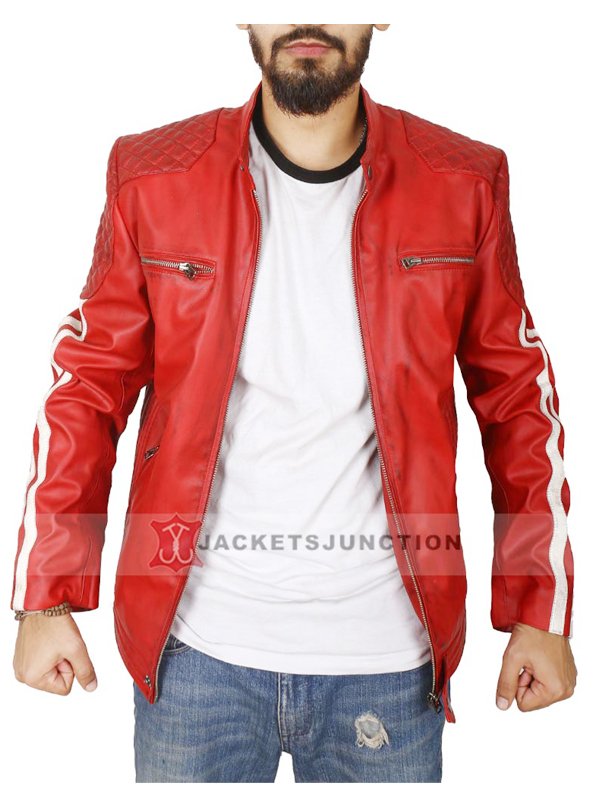 Mens Cafe Racer Leather Biker Jacket Red with White Stripes