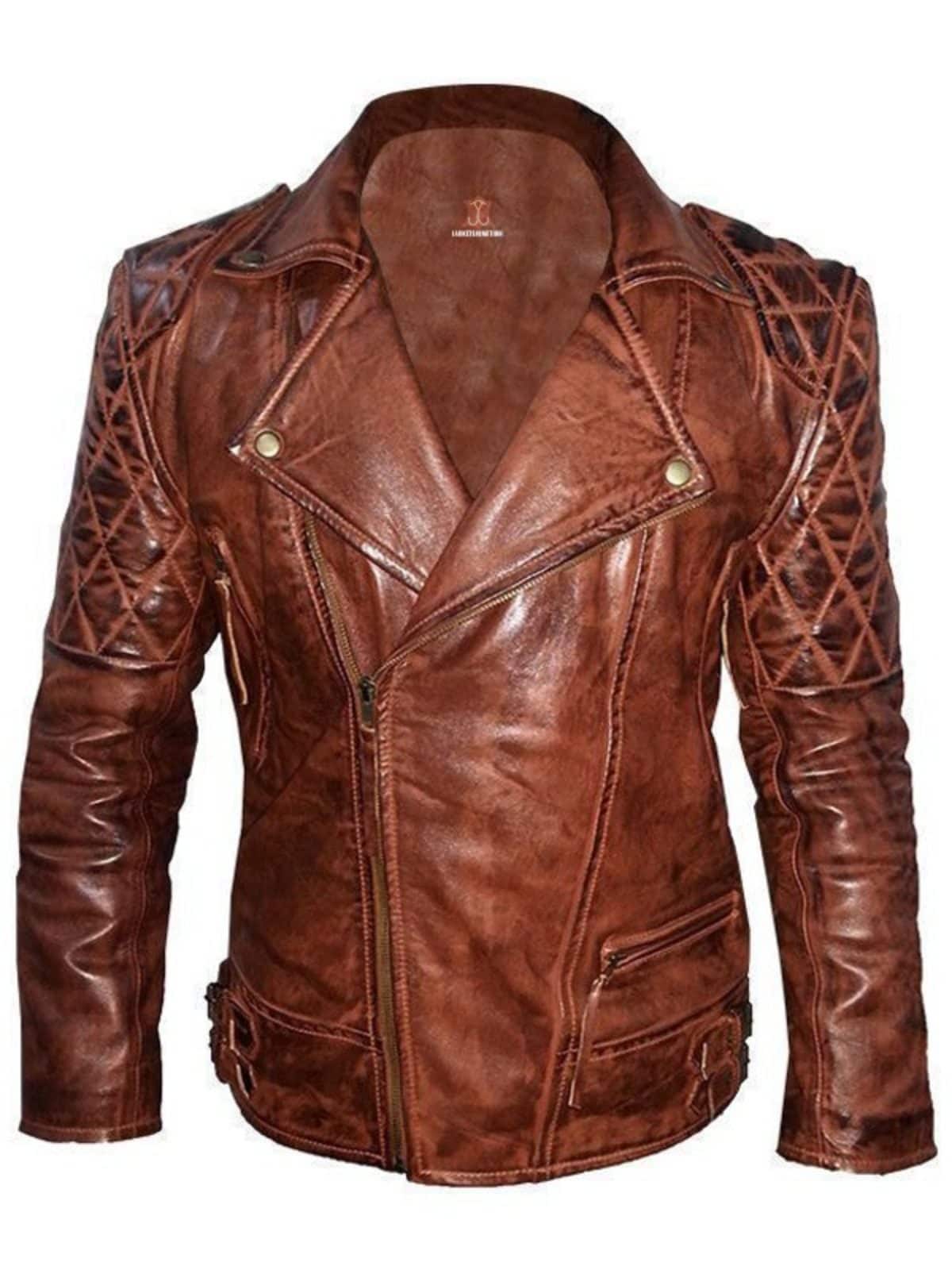 Mens Classic Diamond Vintage Leather Biker Jacket Brown Front