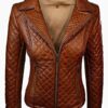 Tan Brown Quilted Womens Fashion Leather Jacket Front