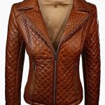 Women Quilted Sheepskin Fashion Leather Jacket Tan Brown