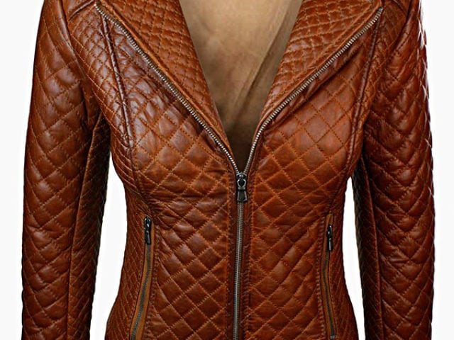 Women Quilted Sheepskin Fashion Leather Jacket Tan Brown