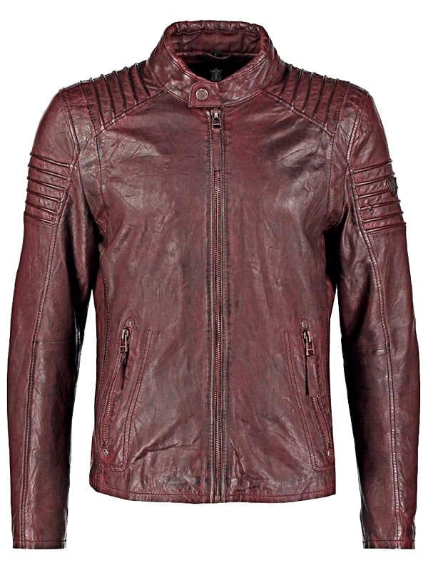 Mens Waxed Leather Cafe Racer Biker Jacket Copper Burgundy Front