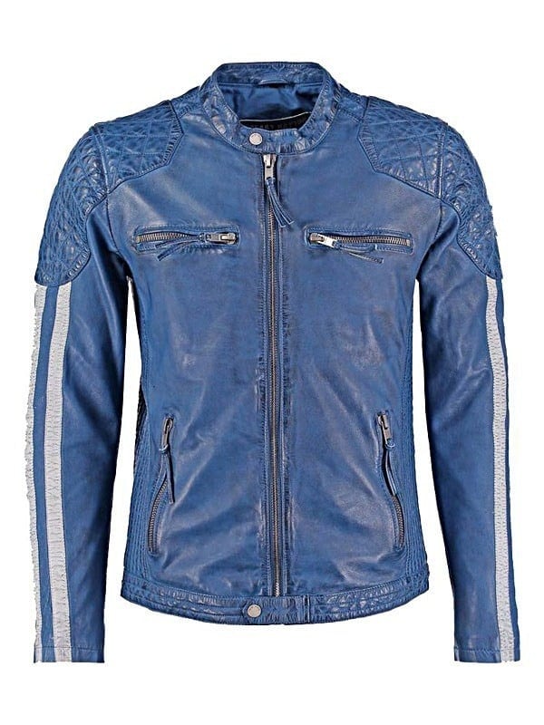 Mens Cafe Racer Leather Biker Jacket Blue with White Stripes Front
