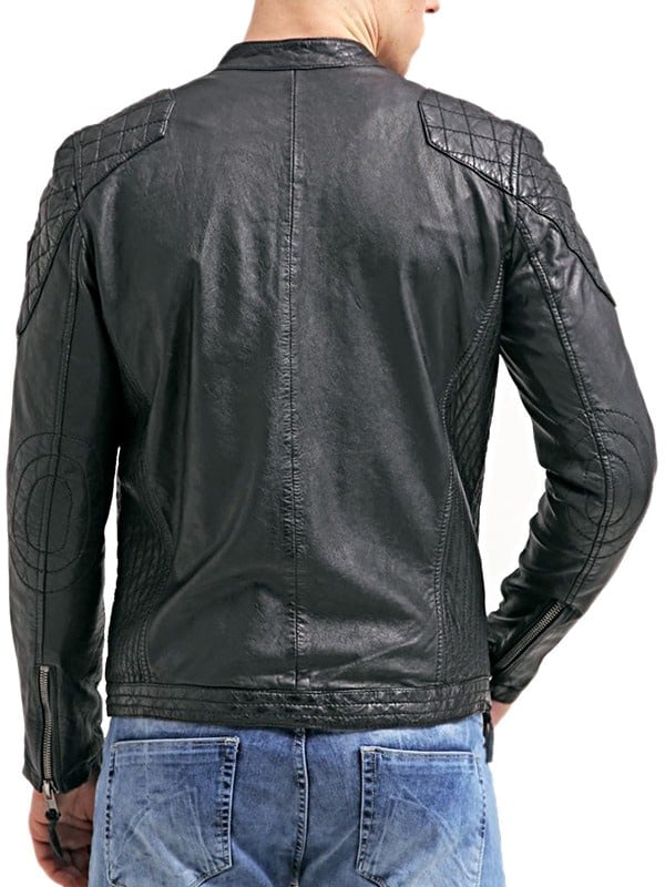 Mens Cafe Racer Leather Biker Jacket Black with White Stripes Back