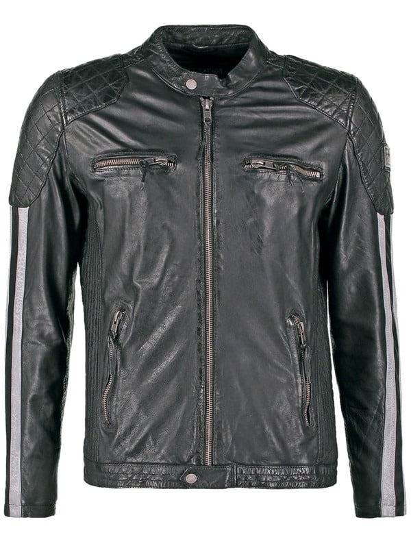 Mens Cafe Racer Leather Biker Jacket Black with White Stripes Front