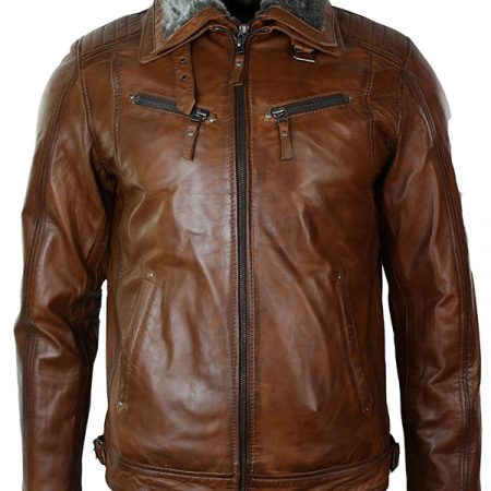 Mens Distressed Leather Biker Jacket Belted Brown Fur Collar