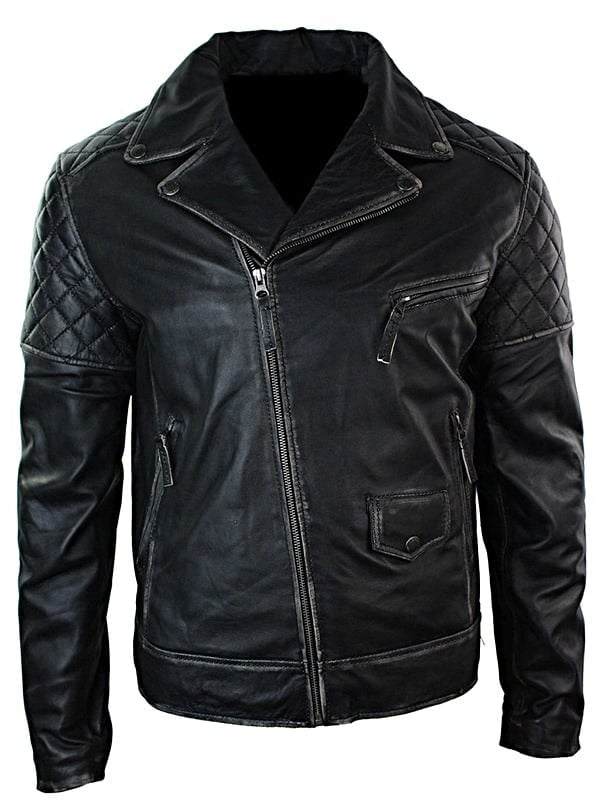 Mens Distressed Leather Motorcycle Jacket Black Front