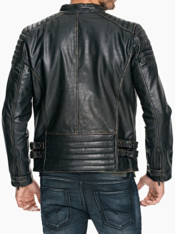 Mens Quilted Rub Off Goatskin Leather Jacket Distressed Black Front