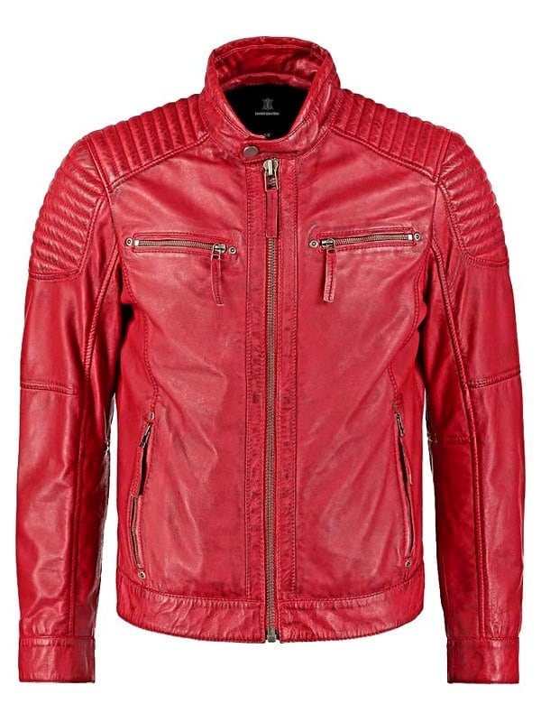 Mens Waxed Sheepskin Quilted Leather Biker Jacket Red Front
