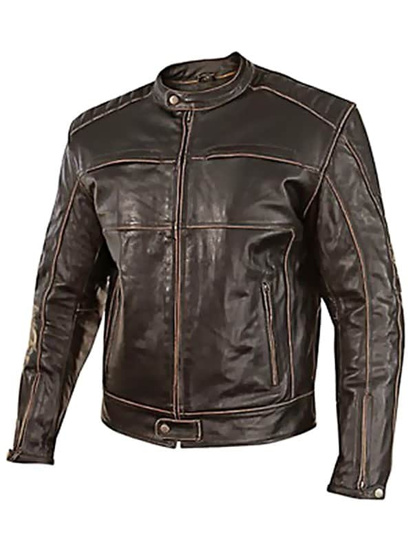 Mens Vintage Style Cowhide Leather Biker Jacket Dark Brown Front