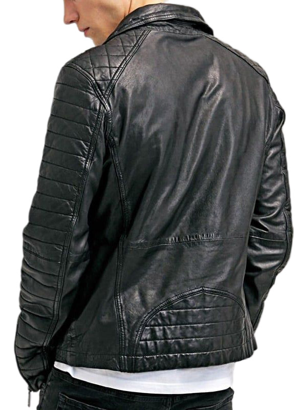 Mens Waxed Leather Quilted Biker Jacket Back