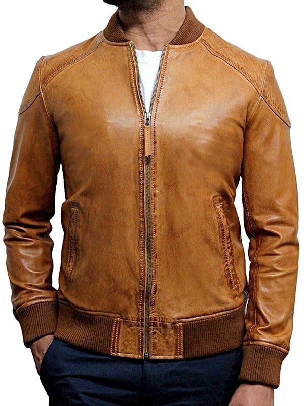 Mens Waxed Sheepskin Leather Bomber Jacket Tan Brown Front