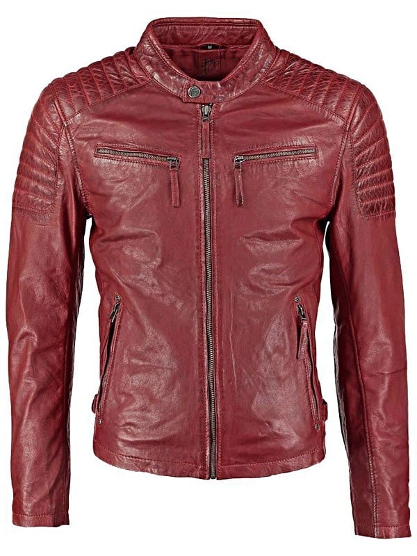Mens Waxed Sheepskin Quilted Leather Jacket Maroon Red Front