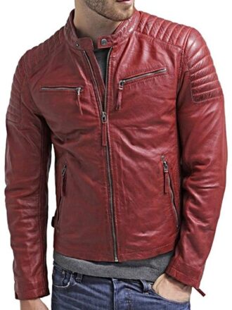 Mens Waxed Sheepskin Quilted Leather Jacket Maroon Red