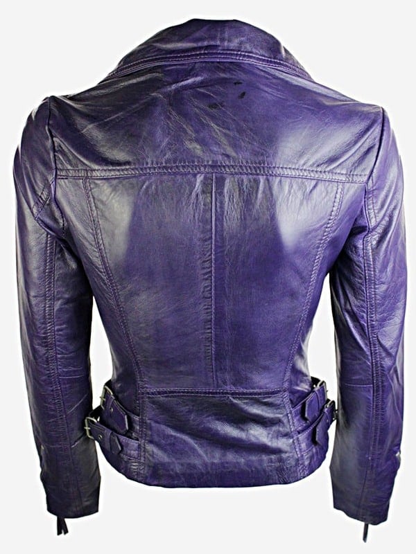 Womens Short Fitted Leather Motorcycle Jacket Purple