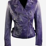 Womens Short Fitted Leather Motorcycle Jacket Purple
