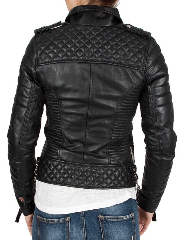 Women's Black Slim Fit Diamond Quilted Biker Real Leather Jacket