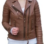 Womens Boda Style Quilted Leather Biker Jacket Brown