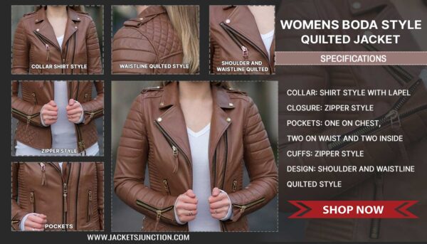 Womens Boda Style Quilted Leather Biker Jacket Brown Infograph