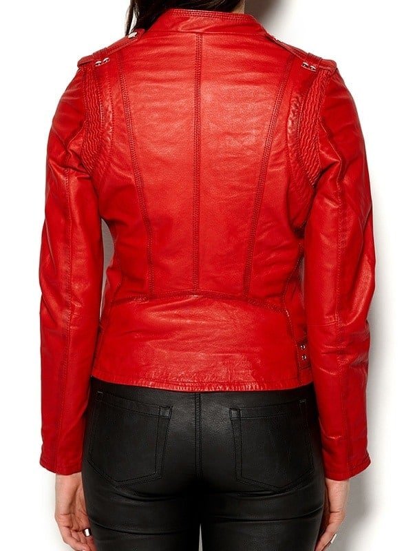 Womens Cafe Racer Leather Motorcycle Jacket Red 3