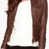 Womens Fashion Designer Waxed Leather Jacket Brown