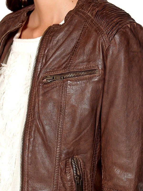 Womens Fashion Designer Waxed Leather Jacket Brown 2