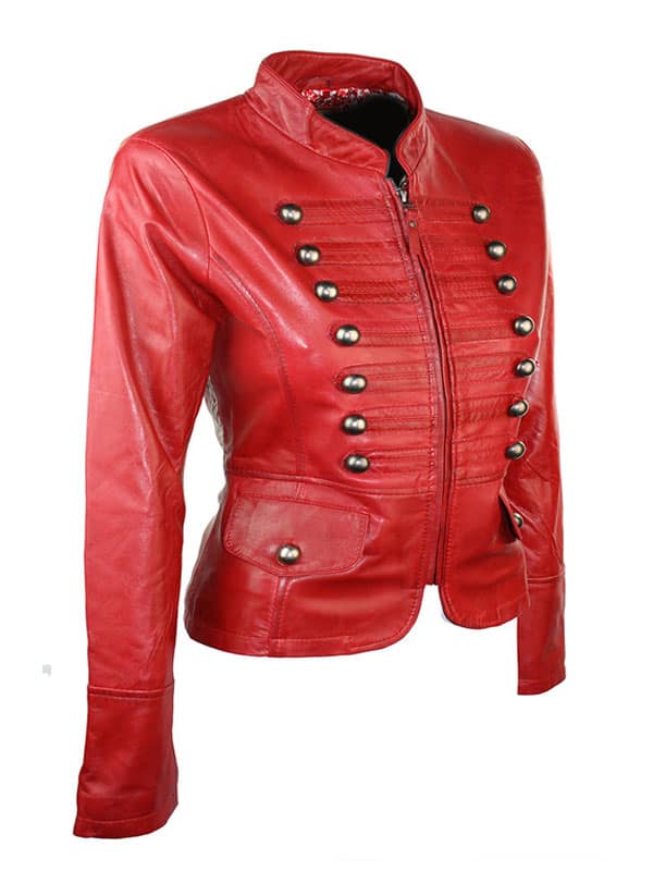 Womens Military Style Slim Fit Real Leather Jacket Red 02
