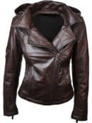 Womens Slim Fit Leather Jacket with Hood Chocolate Brown
