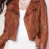 Womens Slim Fit Waxed Leather Jacket Tan Brown 01
