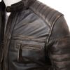 Mens Distressed Brown Leather Biker Jacket Shoulder Closeup