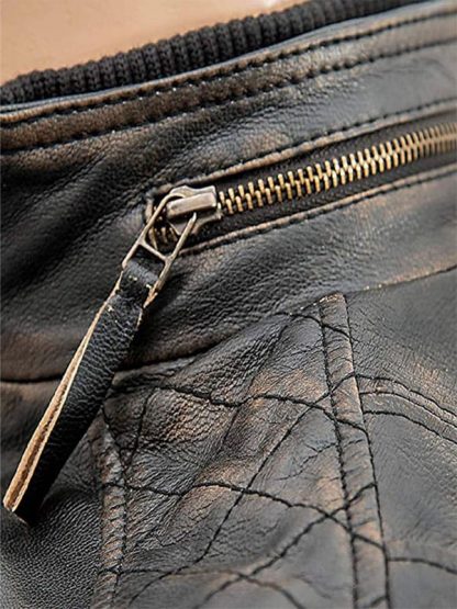Men's Slim Fit Vintage Leather Biker Jacket Closeup Collar