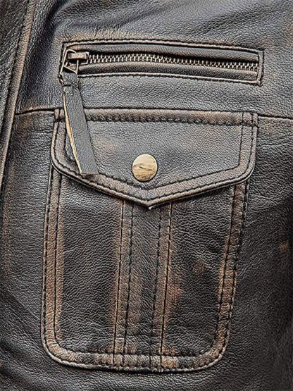 Men's Slim Fit Vintage Leather Biker Jacket Closeup Pocket