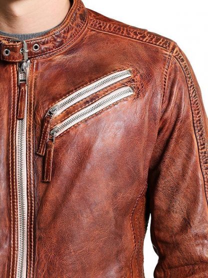 Men's Vintage Leather Distressed Biker Jacket Shouder Closeup