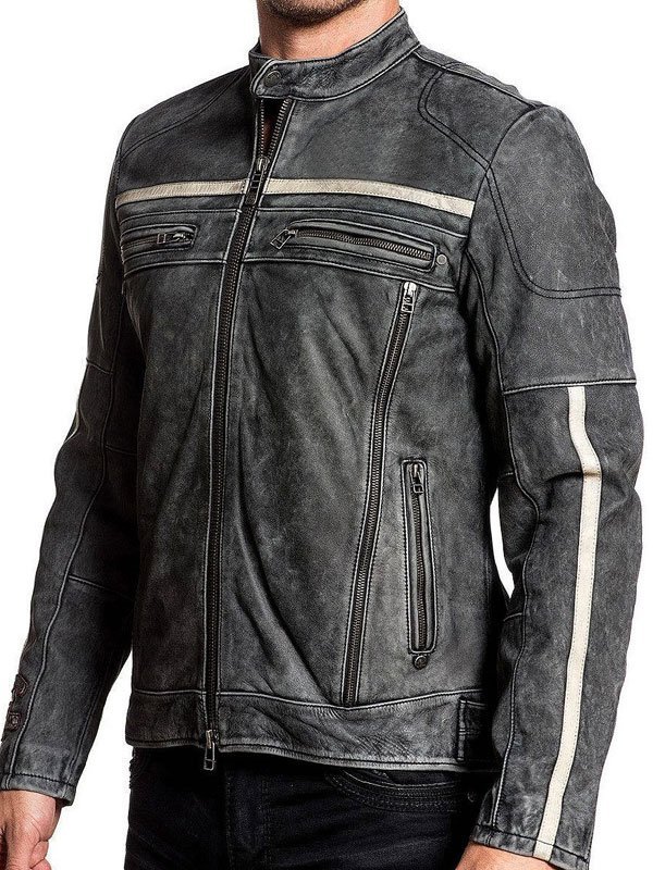 Men's Distressed Cafe Racer Leather Biker Jacket Side