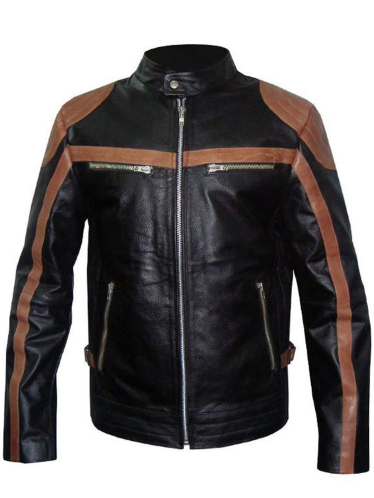 Men's Brown Stripes Leather Moto Biker Jacket