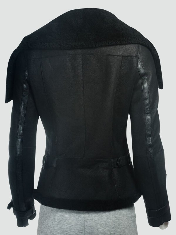 Womens Black Sheepskin Large Collar Jacket