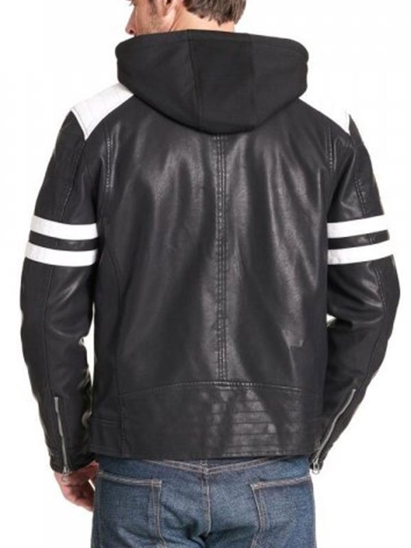Mens Black Biker Leather Jacket With White Stripes