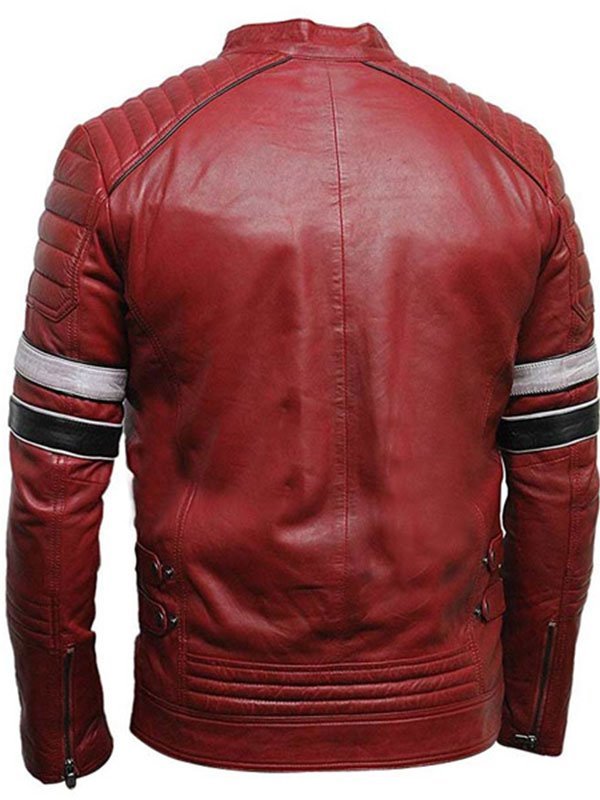 Mens Shoulder Padded Red Striped Leather Jacket