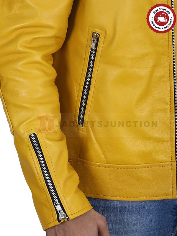 Mens Café Racer Yellow Leather Biker Jacket