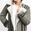 Shearling Grey Suede Leather Biker Jacket For Women's