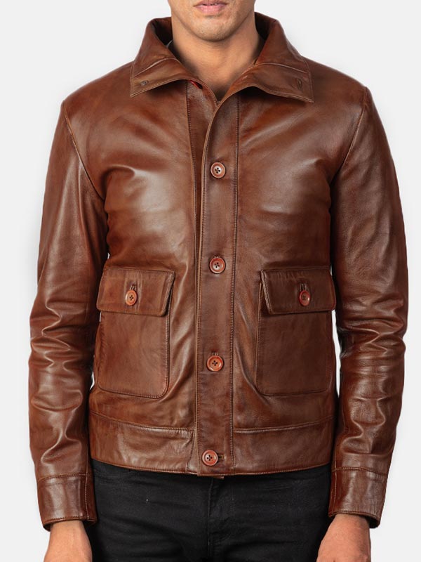 Brown Flap Pockets Leather Bomber Jacket Mens - Sale Price