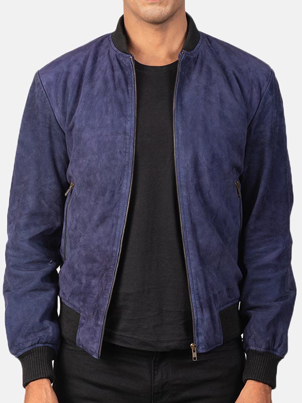 Men's Blue Suede Leather Jacket | Bomber Suede Jacket