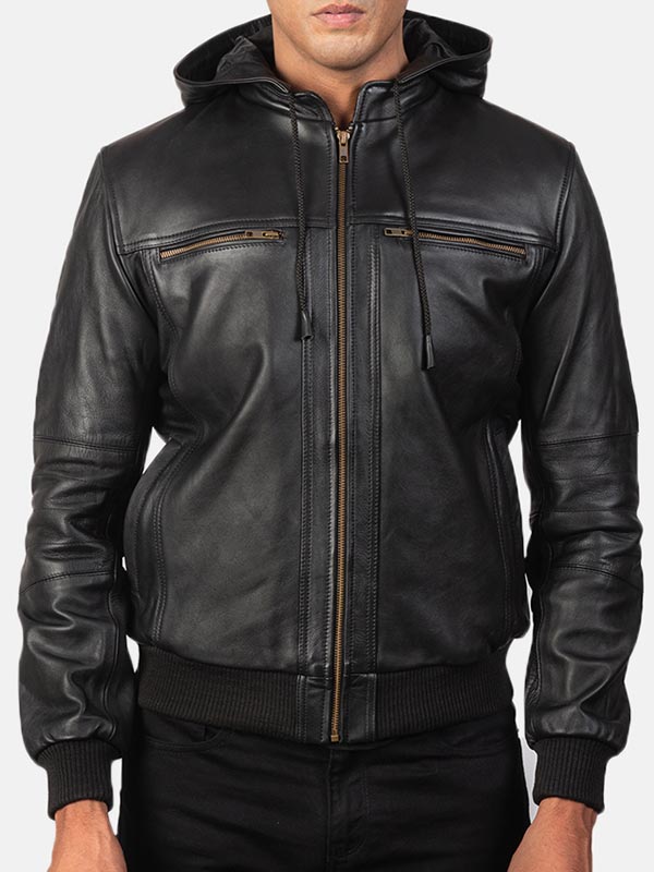 Men's Bouncer Biz Hooded Black Jacket - Bomber Leather Jacket