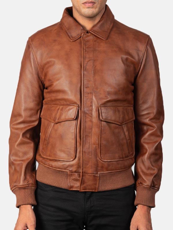 Big Flap Pockets Men's Leather Bomber Jacket - Leather Bomber Jacket