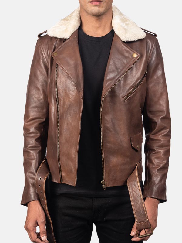 Men's Brown Leather Motorcycle Jacket With Fur Collar