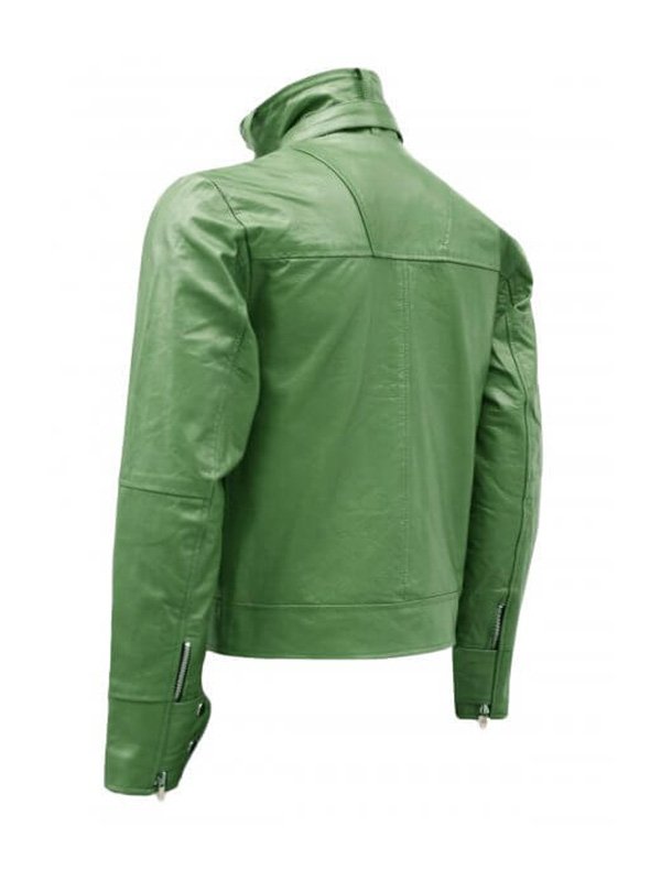 Men's Green High Collar Biker Leather Jacket