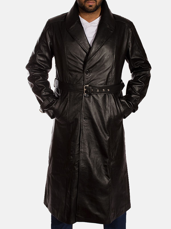 Wilsons Leather | Men's Oliver Belted Leather Trench Coat | Black | Large