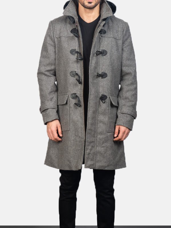 Men's Mid Length Grey Wool Duffle Coat - Men's Duffle Coat