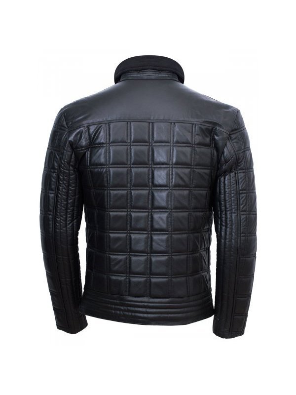 Trimmed Black Quilted Leather Jacket For Men's