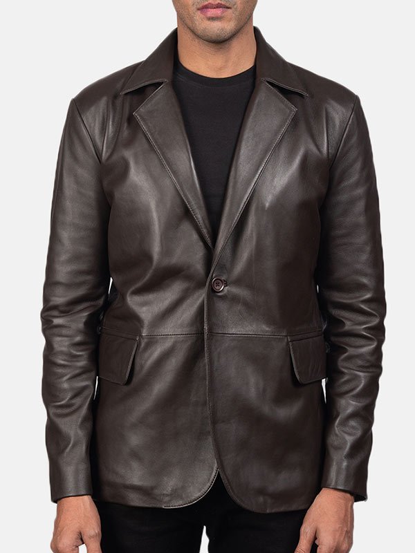 Men's Chocolate Brown Single Button Blazer - Brown Leather Blazer